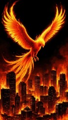 A phoenix hovering above a burning city symbolizing new life on a black background (symbolic). Generated AI