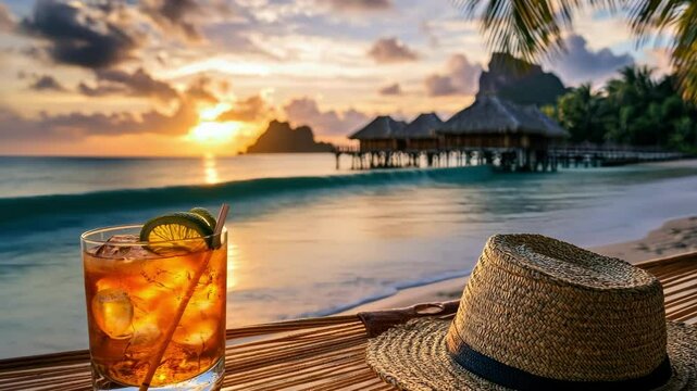 Tropical sunset with iced drink and hat on beach in bora bora