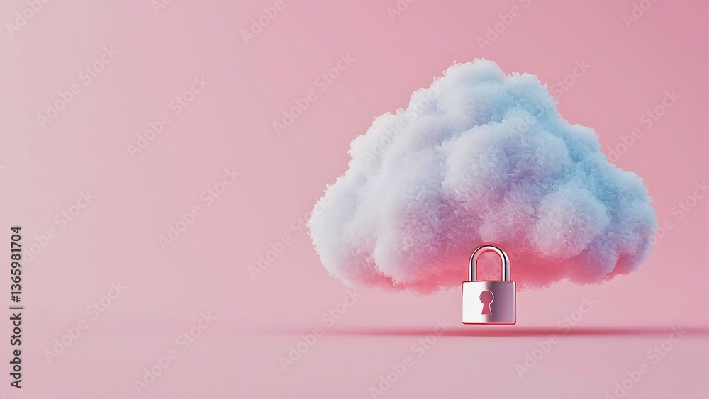 Poster a fluffy cloud with a padlock, symbolizing data security and privacy. this image is a visual represe