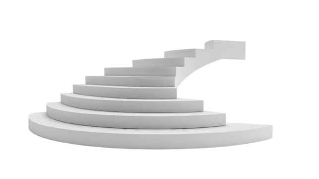 White minimalist spiral staircase floating on transparent background