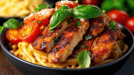Fototapeta premium Delicious bruschetta chicken pasta with grilled chicken, cherry tomatoes, and fresh basil in a close-up view