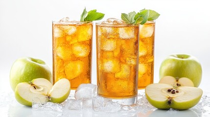 A fresh apple juice with slices of green apple and ice cubes in a tall glass on a white background