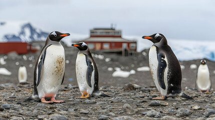 Obraz premium Penguins Standing Near Antarctic Research Station