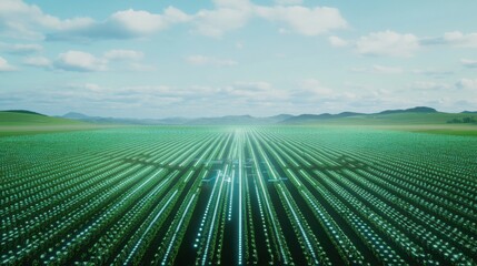A futuristic AI powered agricultural system planting crops using automated drones in a smart farm, large farmland with real-time planting and crop monitoring data, Precision farming technology style