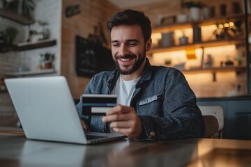 Smiling Portuguese 40s man doing online shopping at home, sit at table with laptop, hold debit or credit card, buying gifts, spend money, making quick transactions. Cashless payments via marketplace