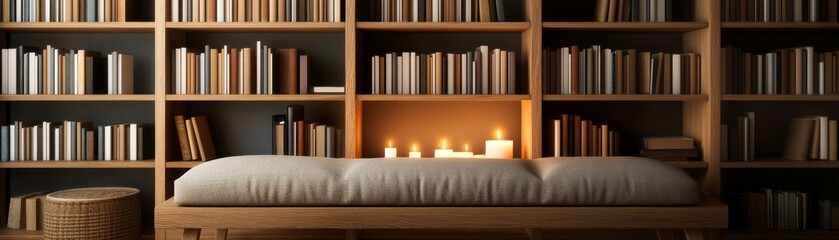 Farmhouse-style reading nook with a cushioned bench, wooden bookshelves, and a soft candle glow