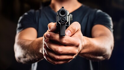 A close up view of the hands holding a firearm; point blank; protection and security; a gun is pointing directly at the camera; firearm in a point blank position; protection and security; enforcement
