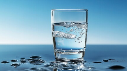 Transparent Glass of Sparkling Water on a Blue Surface