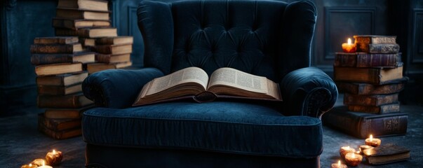 Fototapeta premium Mystical reading nook with a dark gothic aesthetic, old scrolls, and a deep velvet armchair