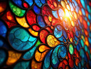 Obraz premium Sunburst Illuminating Vibrant Stained Glass in Old Church
