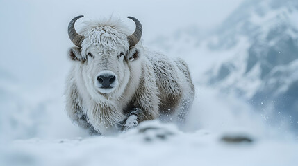 Naklejka premium Resilient yak moves through snow-covered peaks, its thick coat and powerful frame making it a true survivor of high-altitude cold