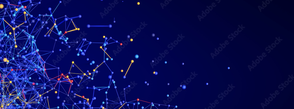 Poster interconnected dots and lines form an abstract network visualization against a dark blue tech backgr