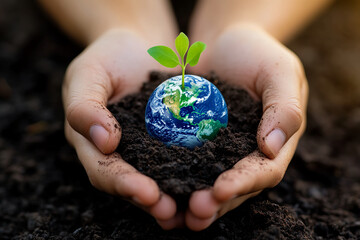 Hands cupping earth globe with small plant sprout, symbolizing environmental care, growth, and sustainability, a concept ideal for eco-conscious campaigns