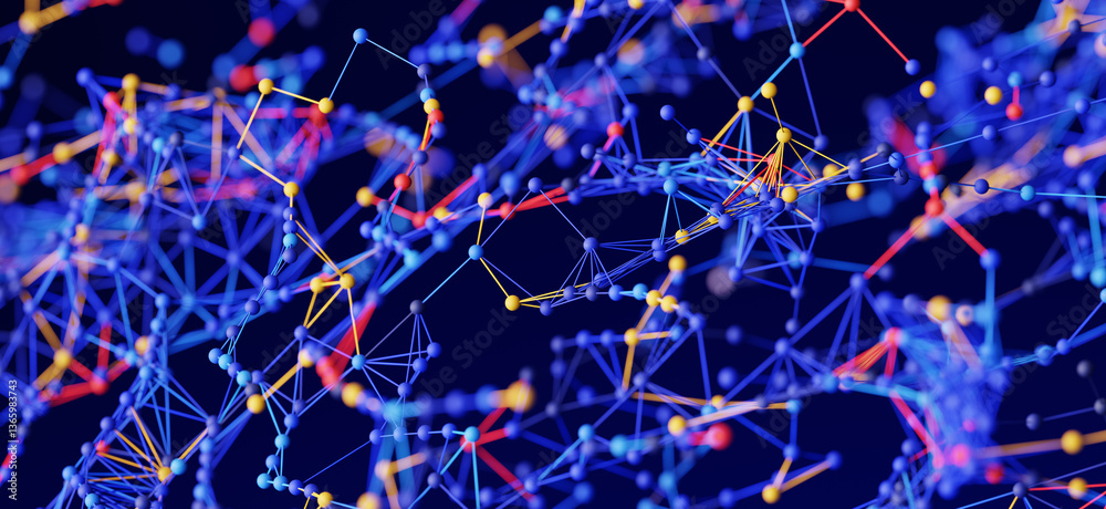 Poster interconnected network nodes form a digital grid, illustrating data connections, tech structure, sys