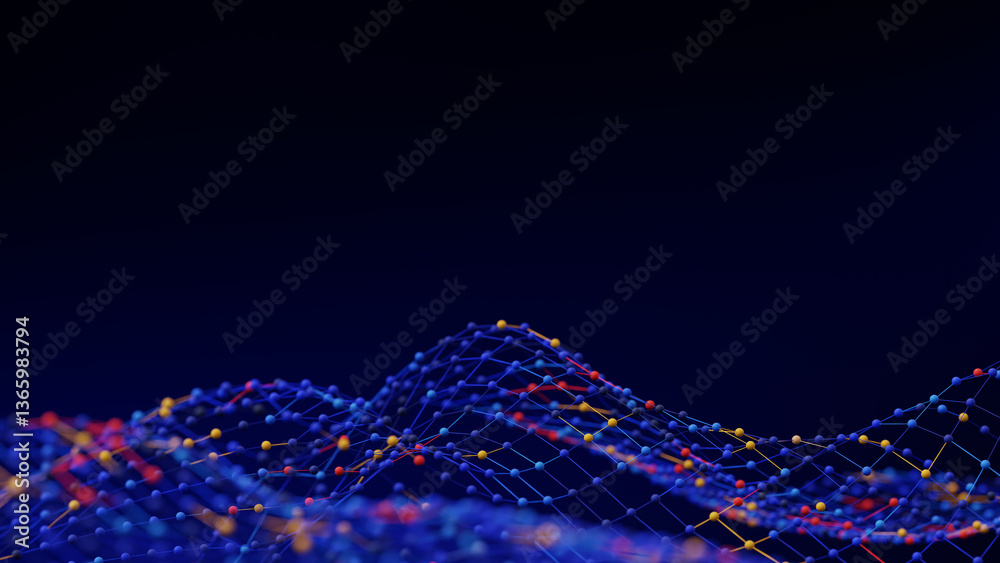 Poster abstract data network with a grid of undulating, interconnected blue, yellow, and red nodes on a dar