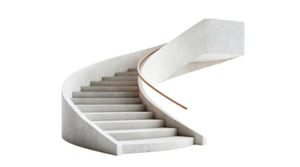 Modern spiral staircase ascending with concrete steps and wooden railing on transparent background