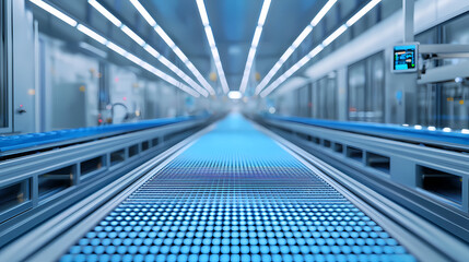 Naklejka premium A futuristic, illuminated corridor featuring blue-lit surfaces and sleek lines, suggesting a high-tech environment or manufacturing space.