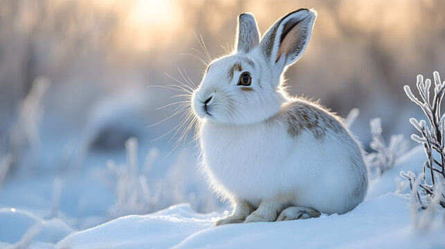 Stealthy arctic hare crouches in snowy tundra, its thick fur blending seamlessly into the landscape for protection