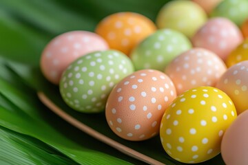 Obraz premium Artistic portrayal of Thai heritage through beautifully crafted Easter eggs, placed on a khantoke tray with ample space for text.