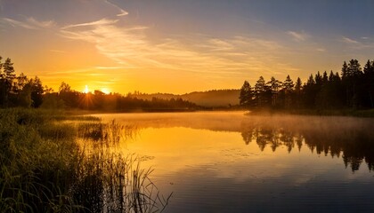 Obraz premium Golden Hour Mist Over a Mirror-Like Lake