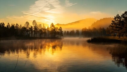 Obraz premium Golden Hour Mist Over a Mirror-Like Lake
