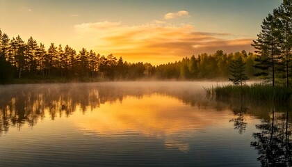 Fototapeta premium Golden Hour Mist Over a Mirror-Like Lake