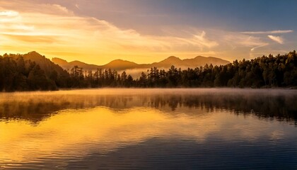 Fototapeta premium Golden Hour Mist Over a Mirror-Like Lake