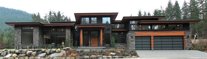 Modern luxury house in the forest. Exterior shot for real estate ads in serene setting