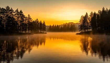 Fototapeta premium Golden Hour Mist Over a Mirror-Like Lake