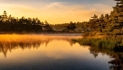 Obraz premium Golden Hour Mist Over a Mirror-Like Lake