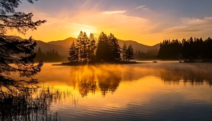 Obraz premium Golden Hour Mist Over a Mirror-Like Lake