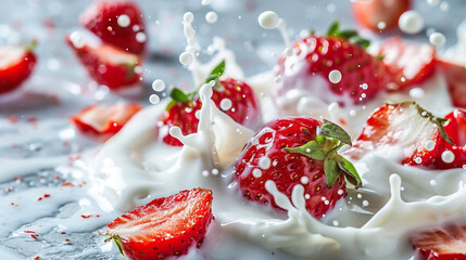 Juicy strawberries creating a dynamic milk splash.
