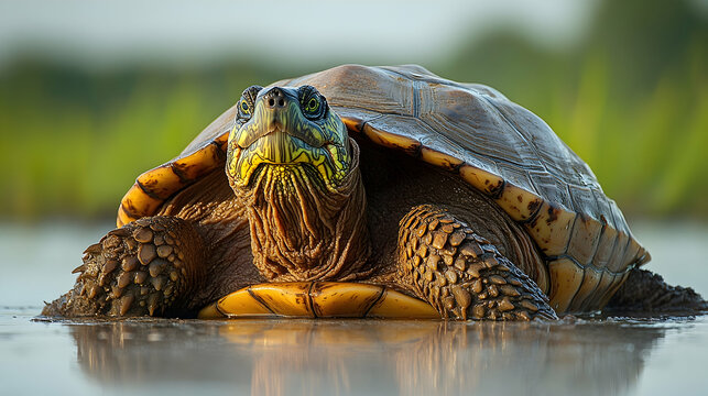 Tenacious snapping turtle rests in shallow water, its rough shell and powerful jaw making it a dominant reptile