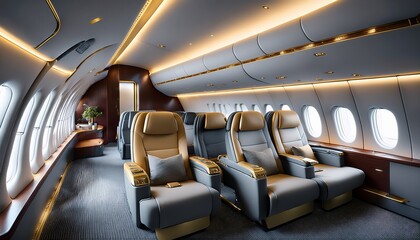 Fototapeta premium Modern design business class seat with grey fabric and gold metal accents