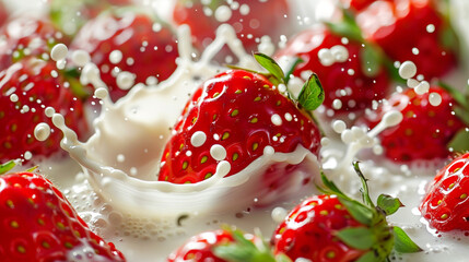 Juicy strawberries creating a dynamic milk splash.