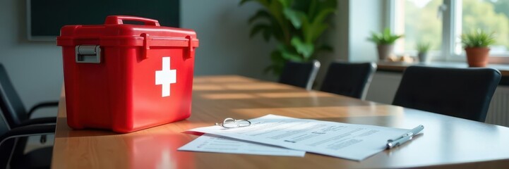 Emergency kits & checklist on table, crisis meeting room, drill, first aid, crisis management
