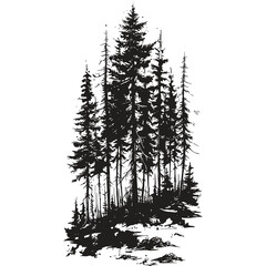 Black Silhouette of Pine Trees in a Forest Landscape
