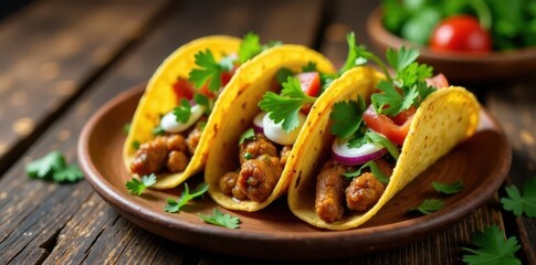 Three delicious tacos, vibrant toppings, rustic wood plate, appetizer, cilantro, tortillas