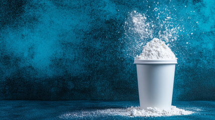 A white cup filled with flour sits against a textured blue background, with flour cascading and creating a cloud-like effect.