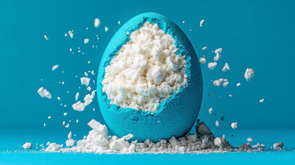 A vibrant blue egg with a cracked shell reveals fluffy white contents, creating a dynamic visual on a bright turquoise background.