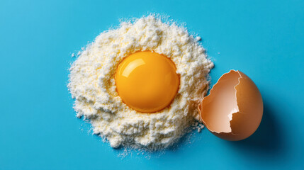 A bright composition featuring an egg yolk nestled in a mound of flour, with a cracked eggshell on a vibrant blue background.