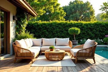 Fototapeta premium Elegant rattan furniture, sun-kissed wooden deck, vibrant garden backdrop , outdoor furniture set, high-end, wood