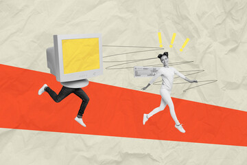 Composite art 3d creative image collage of happy girl run bodyless caricature man exclamation mark...