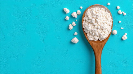 A wooden spoon holds flour on a vibrant turquoise surface, with some flour sprinkled around, creating a clean and colorful kitchen scene.