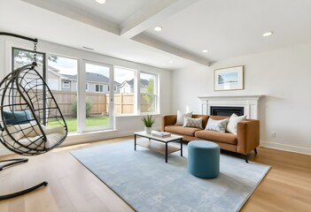 Fototapeta premium Living room with a brown leather sofa, a blue ottoman, and a hanging chair , with a light blue rug on a wooden floor, with a backyard view.