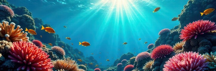 Naklejka premium Sun-drenched coral reef, teeming with colorful fish , crustacean, wildlife