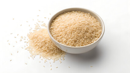 A round bowl filled with raw dry rice, isolated on a white background, captured from a top-down view.
