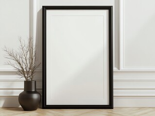 Framed Empty Poster Leaning on Wall with Vase and Branch Mockup