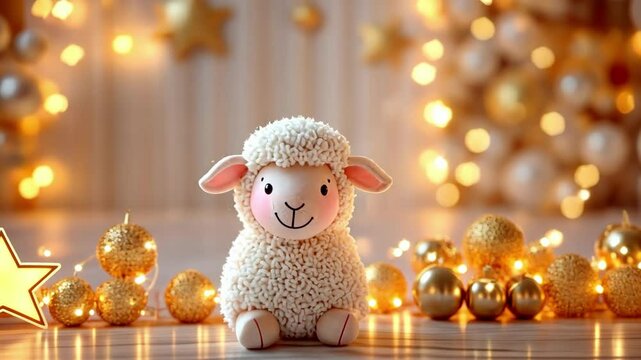 Festive lamb among sparkling lights and gold decorations. Eid al-Adha Mubarak. Kurban Bayram