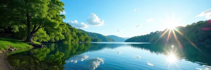 Fototapeta premium Clear blue sky, sunlit lake reflects trees, calm waters , trees reflection, trees